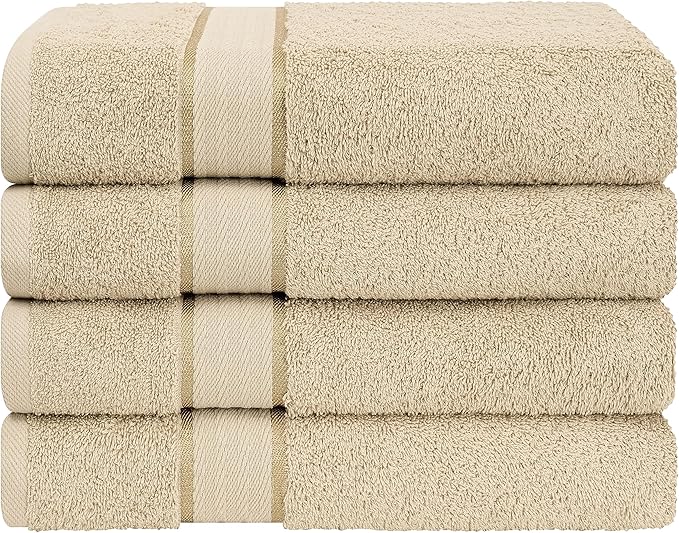4 Pack Bath Towel Set, 100% Cotton Bath Towels for Bathroom, Beige