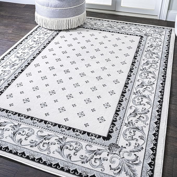 JONATHAN Y Acanthus French Border Cream/Light Gray Indoor Area Rug, 4x6, Vintage, Bohemian, Easy-Cleaning for Living Room, Bedroom, Kitchen, Pet Friendly, Non-Shedding (MDP504B-4)