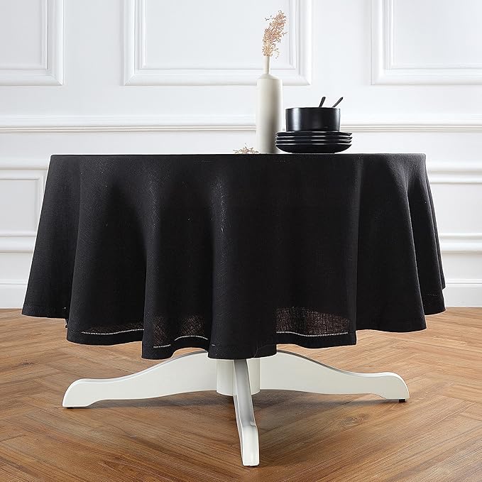 Solino Home Linen 60 Inch Round Tablecloth - 100% Pure Linen Black Round Tablecloth - Machine Washable Table Cloth for Winter, Holiday, New Year - Sonoma Hemstitch