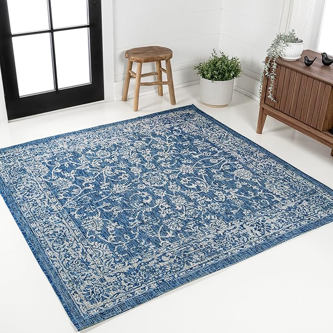 JONATHAN Y Weave Floral Indoor Outdoor Square Area Rug 8X8 Navy/Gray, Tela Bohemian Textured for Backyard, Patio, Porch, Easy-Cleaning, High Traffic, Pet-Friendly, Non-Shedding (SMB100B-8SQ)