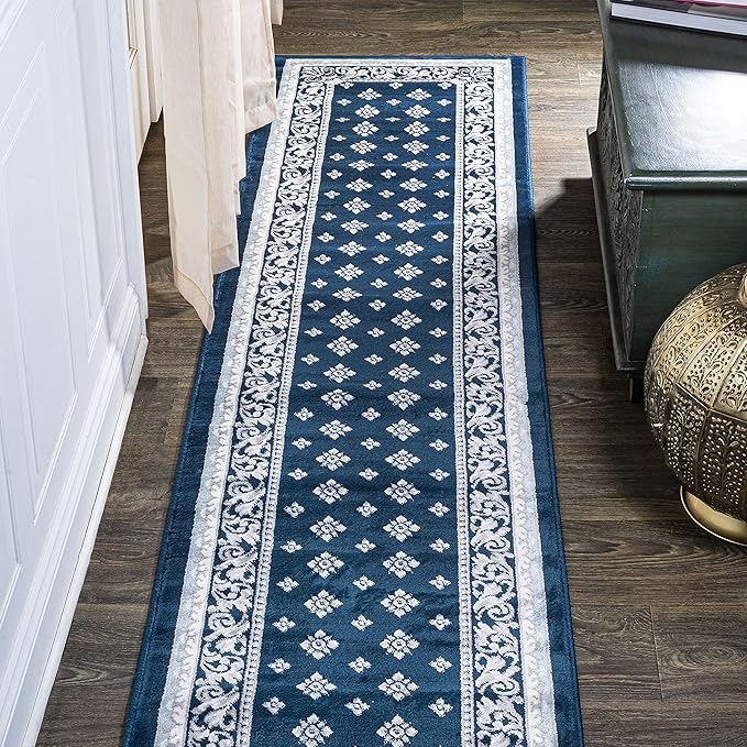 JONATHAN Y Acanthus French Border Navy/Blue Runner Rug, 2x10, Vintage, Bohemian, Easy-Cleaning for Living Room, Bedroom, Kitchen, Pet Friendly, Non-Shedding (MDP504C-210)