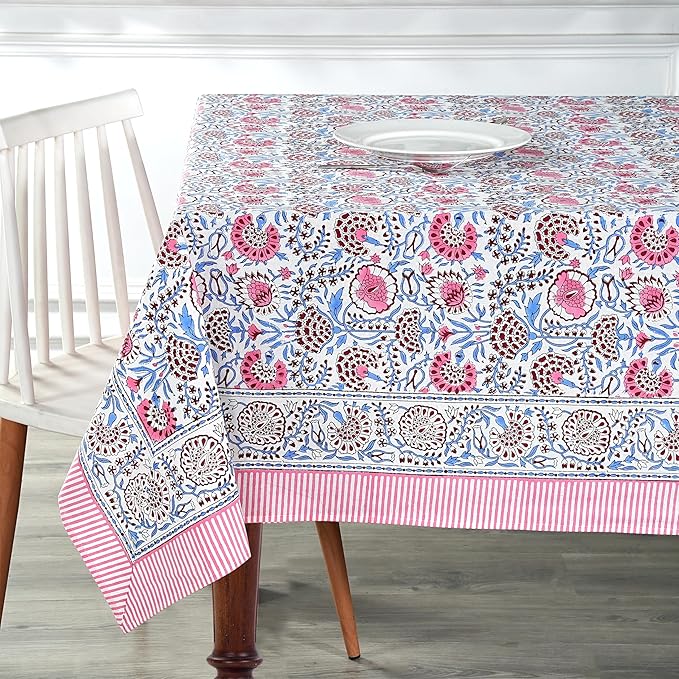 Ridhi Pigeon Blue Flamingo Pink Hand Block Print Cotton Rectangle Tablecloth 190" x 72" inches Reusable Table Cover Decorative Everyday Use for Dining, Farmhouse, Home, Party, Festive, Wedding, Fall