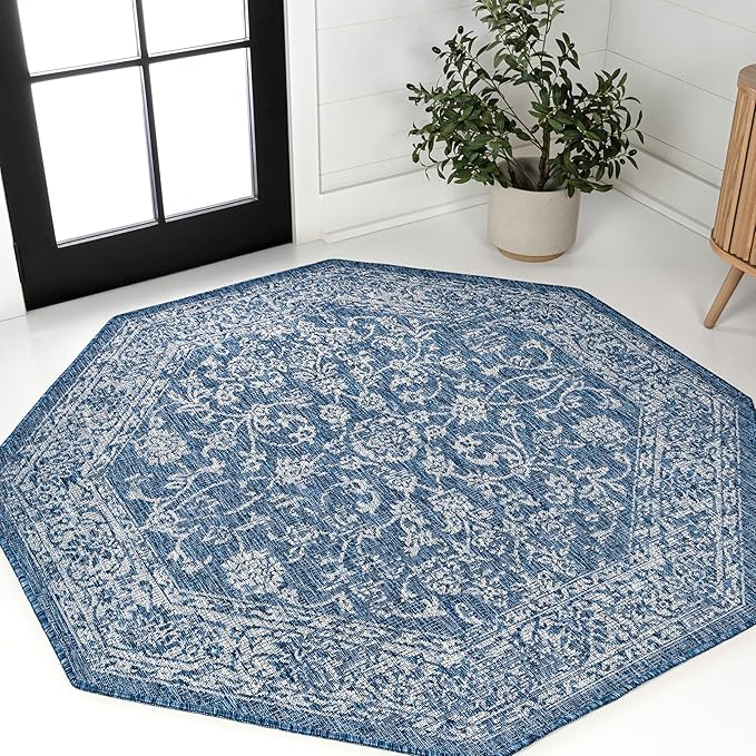 JONATHAN Y Weave Floral Indoor Outdoor Octagon Area Rug 5 Ft Navy/Gray, Tela Bohemian Textured for Backyard, Patio, Porch, Easy-Cleaning, High Traffic, Pet-Friendly, Non-Shedding (SMB100B-5TGN)