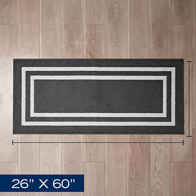 Nautica – Runner Rug | Indoor Runners for Hallways and Entry Rugs| Non-Slip and Non-Skid Entry and Kitchen Door Mat| Machine Washable Entryway Carpet Rugs |26” x 60” | Double Border Dark Grey
