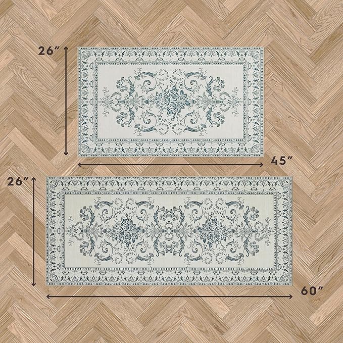 Laura Ashley Sea Spray Blue Josette Medallion Machine Washable & Slip Resistant 2 Piece Set - 26" x 45" Accent Rug & 26" x60" Runner Rug