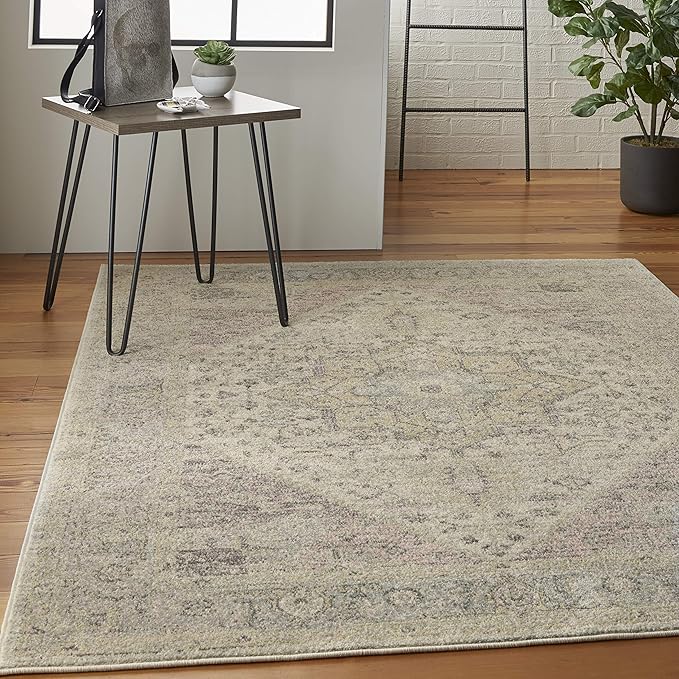 Nourison Home Tranquil Ivory/Pink 4' x 6' Area Rug, Distressed, Bed, Living, Dining Room, Kitchen, Easy Cleaning, Non Shedding