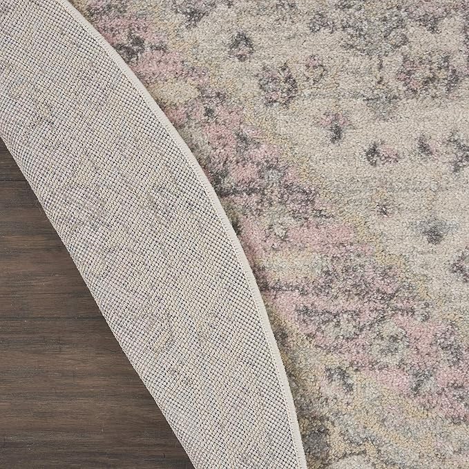 Nourison Home Tranquil Ivory/Pink 5'3" x Area Rug, Distressed, Bed, Living, Dining Room, Kitchen, Easy Cleaning, Non Shedding, (5' Round)