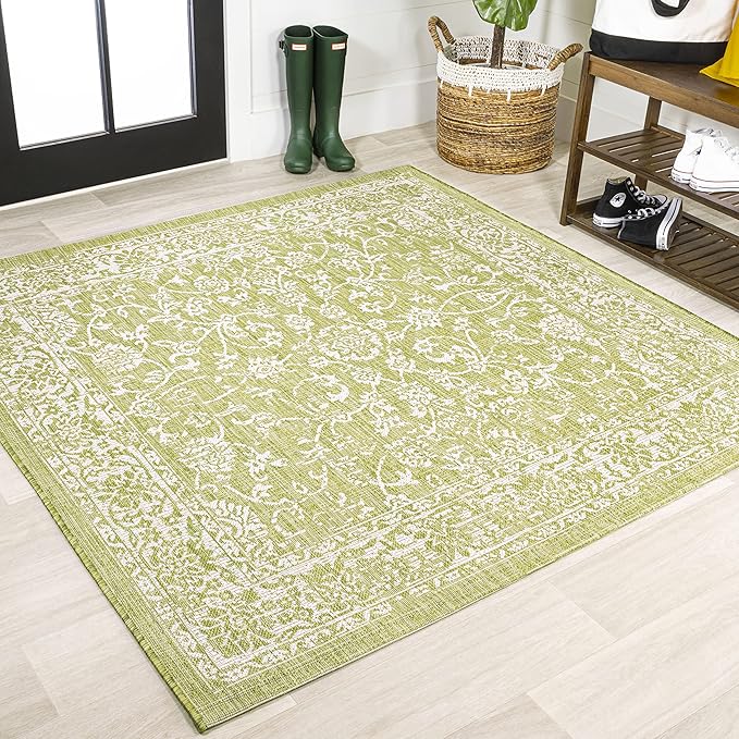 JONATHAN Y Weave Floral Indoor Outdoor Square Area Rug 5X5 Green/Cream, Tela Bohemian Textured for Backyard, Patio, Porch, Easy-Cleaning, High Traffic, Pet-Friendly, Non-Shedding (SMB100D-5SQ)