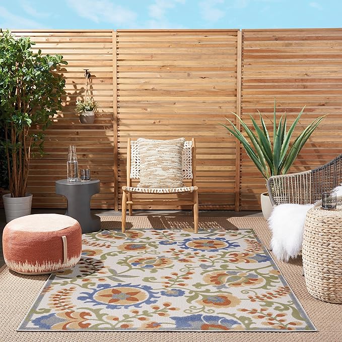 Nourison Home Aloha Ivory Blue 5'3" x 7'5" Area Rug - Easy Clean, Non Shedding, Bed Room, Living Room, Dining Room, Kitchen (5' x 8')