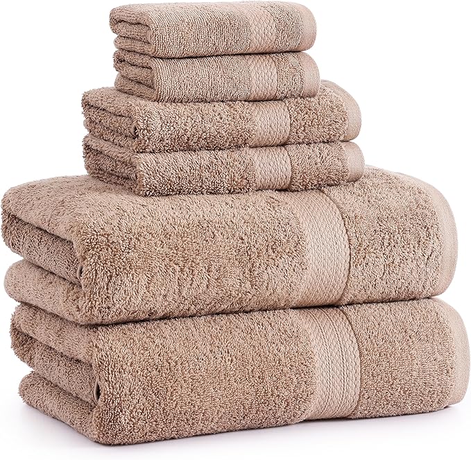 LANE LINEN 100% Mercerized Cotton Luxury Bathroom Towels Set - 6 Pieces - Ring Spun Technology - 2 Bath, 2 Washcloths, 2 Hand Towels - Suitable for All Skin Types Including Sensitive Skin - Taupe