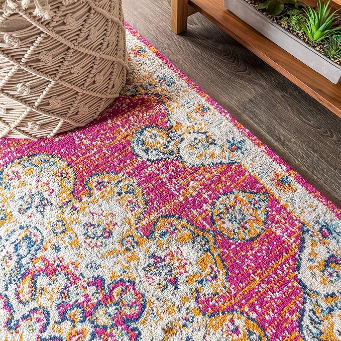 JONATHAN Y Boho Vintage Pink/Cream Runner Rug, 2x8, Bohemian Flair Medallion, Chic, Floral, High Traffic for Living Room, Bedroom, Kitchen, Pet Friendly, Non-Shedding (BMF104A-28)
