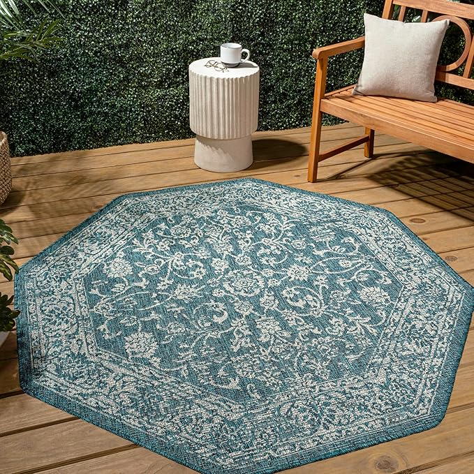 JONATHAN Y Weave Floral Indoor Outdoor Octagon Area Rug 5 Ft Teal/Gray, Tela Bohemian Textured for Backyard, Patio, Porch, Easy-Cleaning, High Traffic, Pet-Friendly, Non-Shedding (SMB100C-5TGN)