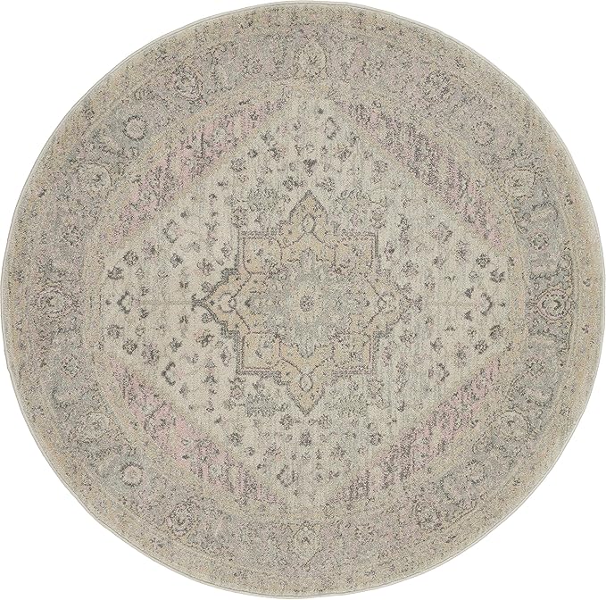 Nourison Home Tranquil Ivory/Pink 5'3" x Area Rug, Distressed, Bed, Living, Dining Room, Kitchen, Easy Cleaning, Non Shedding, (5' Round)