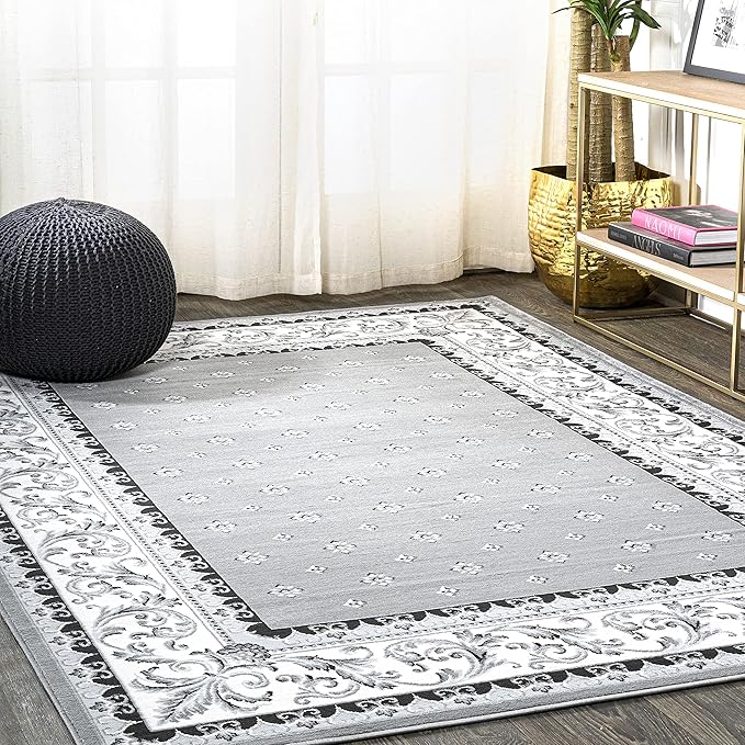 JONATHAN Y Acanthus French Border Gray/Cream Indoor Area Rug, 4x6, Vintage, Bohemian, Easy-Cleaning for Living Room, Bedroom, Kitchen, Pet Friendly, Non-Shedding (MDP504D-4)