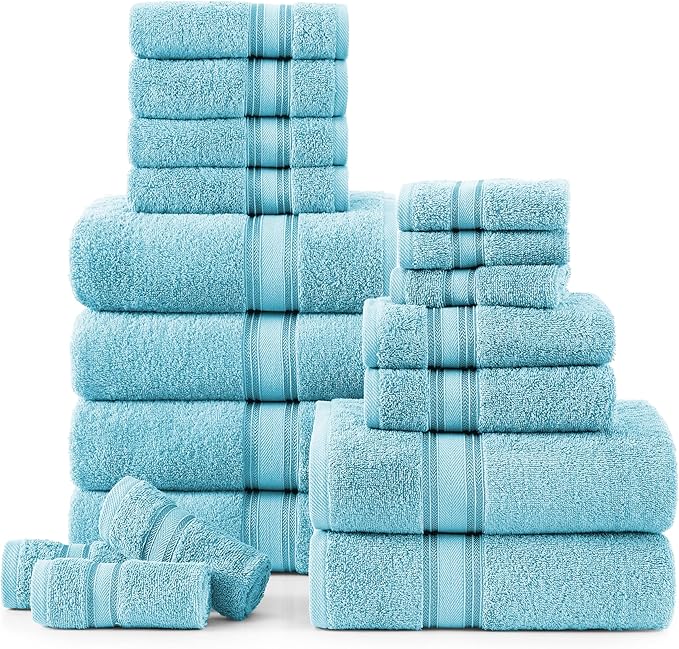 LANE LINEN Luxury 18-Piece Solid Cotton Bathroom Towel Set - 6 Bath Towels, 6 Hand Towels, 6 Wash Cloths - Blue