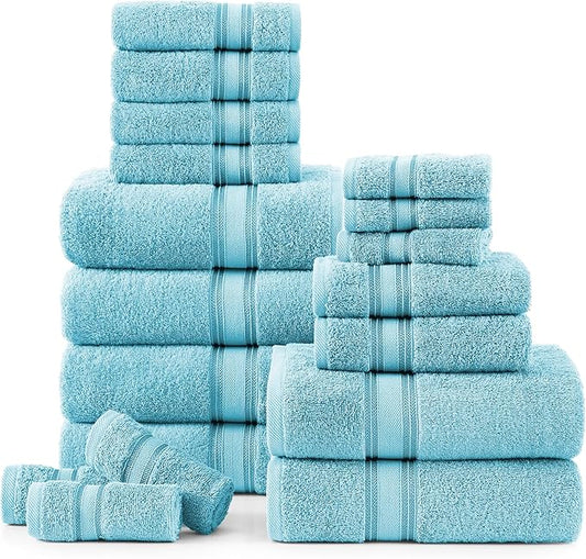 LANE LINEN Luxury 18-Piece Solid Cotton Bathroom Towel Set - 6 Bath Towels, 6 Hand Towels, 6 Wash Cloths - Blue