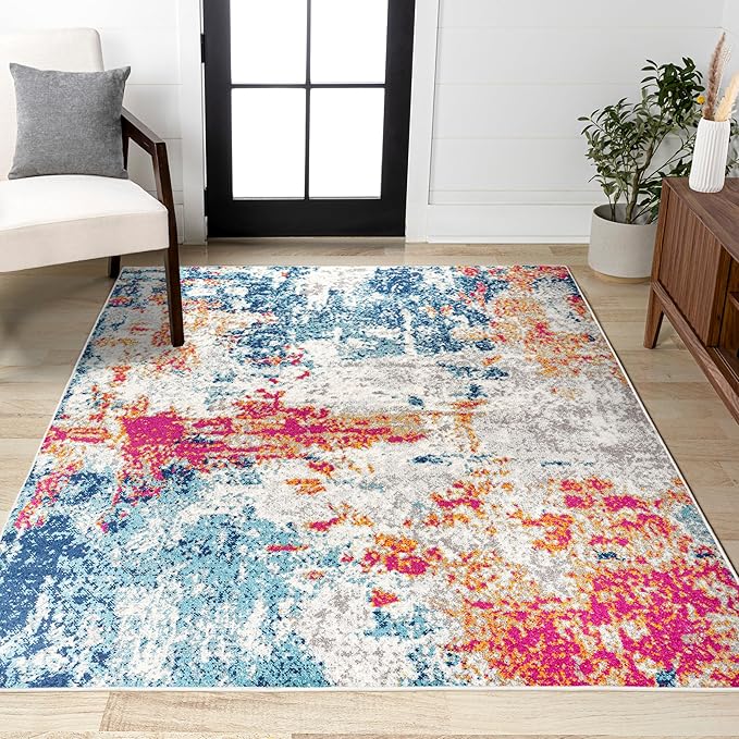 JONATHAN Y Sunset Modern Abstract Blue/Multi Indoor Area Rug, 4x6, Contemporary, Transitional, Easy-Cleaning for Living Room, Bedroom, Kitchen, Pet Friendly, Non-Shedding (CTP114A-4)