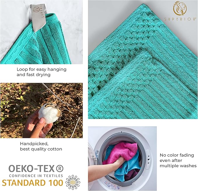 Cotton 6-Piece Solid and Ribbed Towel Set, Face Towels 13” x 13”, Hand Towels 16” x 28”, Bath Towels 27” x 54”, Turquoise by Superior