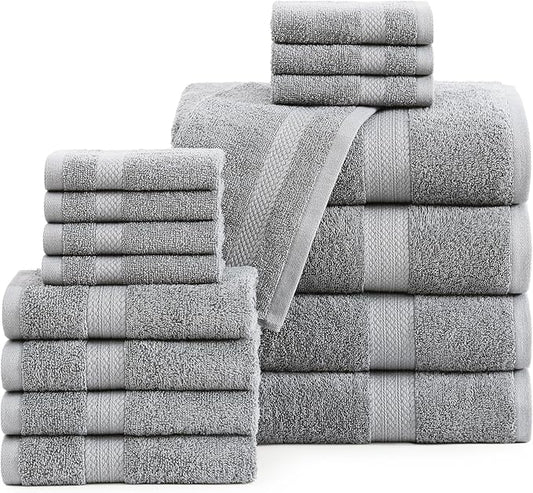 LANE LINEN 100% Cotton Luxury Bathroom Towel Set - 16 Pcs - Ring Spun, Quick Dry, Super Soft & Highly Absorbent - 4 Bath, 8 Washcloths, 4 Hand Towels - Pre Shrunk, Can be Used in Salon - Space Grey
