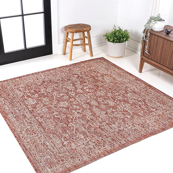 JONATHAN Y Weave Floral Indoor Outdoor Square Area Rug 6X6 Red/Taupe, Tela Bohemian Textured for Backyard, Patio, Porch, Easy-Cleaning, High Traffic, Pet-Friendly, Non-Shedding (SMB100A-6SQ)