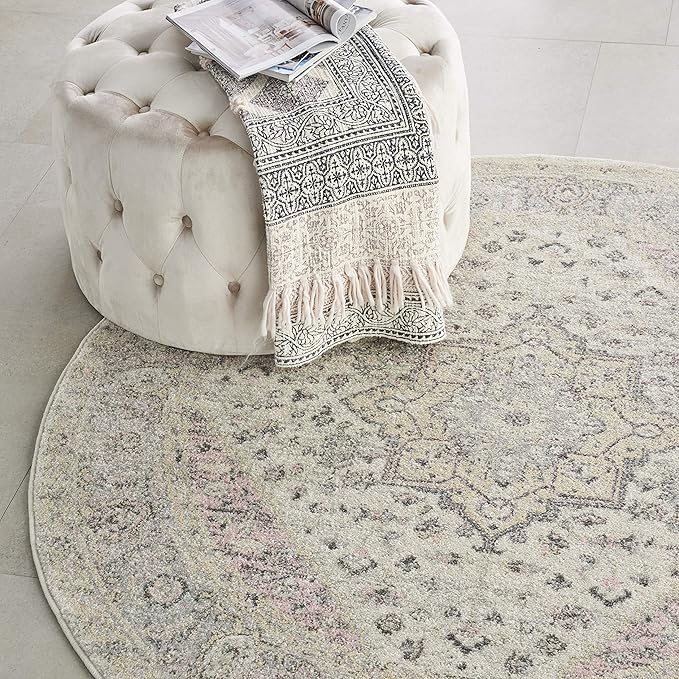 Nourison Home Tranquil Ivory/Pink 5'3" x Area Rug, Distressed, Bed, Living, Dining Room, Kitchen, Easy Cleaning, Non Shedding, (5' Round)