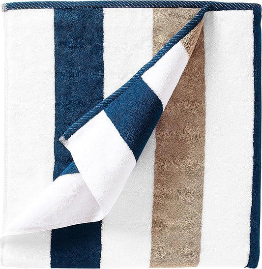 Laguna Beach Textile Co. Striped Cabana Beach Towel - Oversized, Plush 630 GSM Cotton - Ocean Blue and Almond Beige