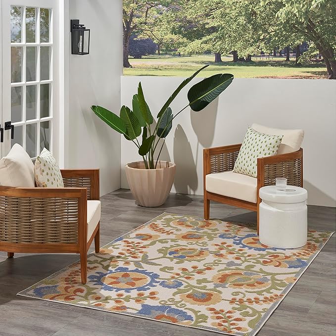 Nourison Home Aloha Ivory Blue 5'3" x 7'5" Area Rug - Easy Clean, Non Shedding, Bed Room, Living Room, Dining Room, Kitchen (5' x 8')