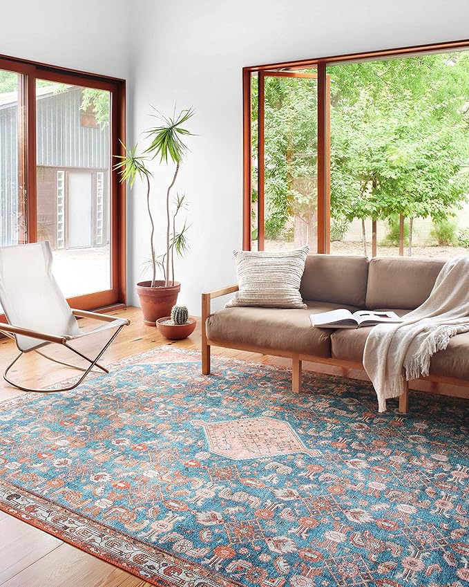 Loloi Layla Collection LAY-10 Marine/Clay 2'-3" x 3'-9" .13" Thick Accent Rug, Soft, Durable, Vintage Inspired, Distressed, Low Pile, Non-Shedding, Easy Clean, Printed, Living Room Rug