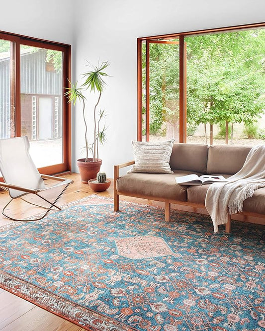 Loloi Layla Collection LAY-10 Marine/Clay 2'-6" x 12'-0" .13" Thick Runner Rug, Soft, Durable, Vintage Inspired, Distressed, Low Pile, Non-Shedding, Easy Clean, Printed, Living Room Rug