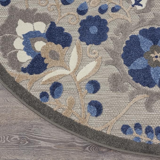 Nourison Aloha Indoor/Outdoor Natural/Blue 5'3" x Round Area -Rug, Easy -Cleaning, Non Shedding, Bed Room, Living Room, Dining Room, Backyard, Deck, Patio (5 Round)