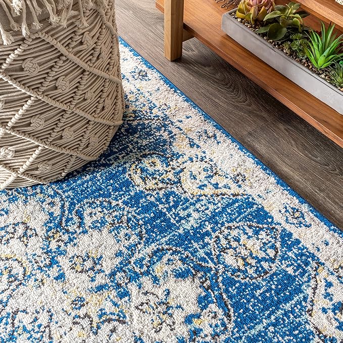JONATHAN Y Boho Vintage Blue/Cream Indoor Area Rug, 4x6, Bohemian Flair Medallion, Chic, Floral, Easy-Cleaning, High Traffic for Living Room, Bedroom, Kitchen, Pet Friendly, Non-Shedding (BMF104B-4)