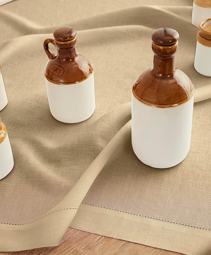 Solino Home Linen Square Tablecloth 52 x 52 Inch - 100% Pure Linen Beige Table Throw - Classic Hemstitch, Machine Washable Table Cloth