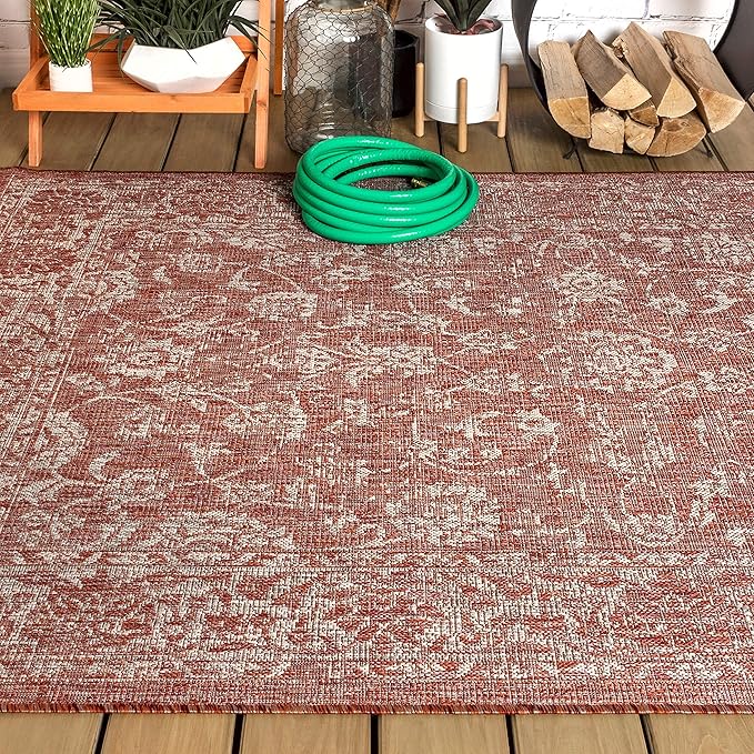 JONATHAN Y Weave Floral Indoor Outdoor Area Rug 8X10 Red/Taupe, Tela Bohemian Textured for Backyard, Patio, Porch, Easy-Cleaning, High Traffic, Pet-Friendly, Non-Shedding (SMB100A-8)