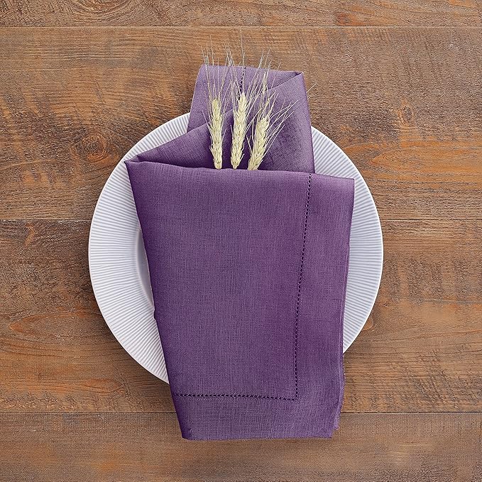 Solino Home Purple Linen Napkins Set of 4-100% Pure Linen Hemstitch Dinner Napkins 20 x 20 Inch for Winter, Holiday, Valentines, New Year - Classic Hemstitch
