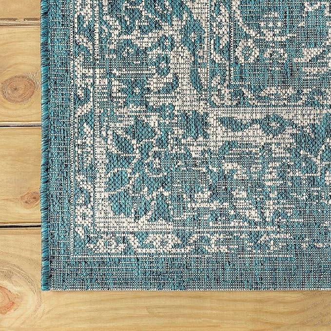 JONATHAN Y Weave Floral Indoor Outdoor Square Area Rug 3X3 Teal/Gray, Tela Bohemian Textured for Backyard, Patio, Porch, Easy-Cleaning, High Traffic, Pet-Friendly, Non-Shedding (SMB100C-3SQ)
