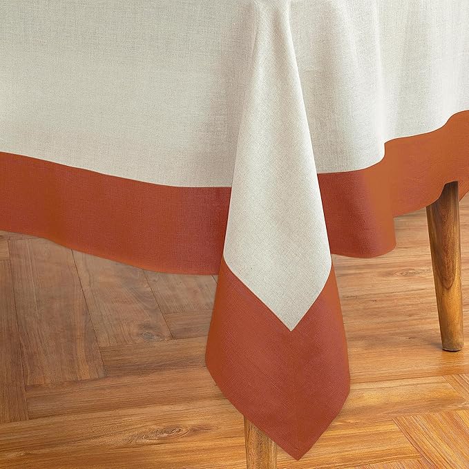 Solino Home Linen Tablecloth 60 x 90 Inch - 100% Pure Linen Cinnamon and Natural Rectangular Tablecloth - Machine Washable Table Cloth - Contempo