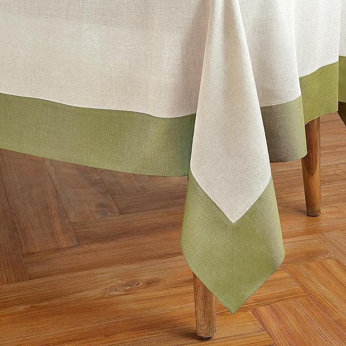 Solino Home Linen Tablecloth 60 x 90 Inch - 100% Pure Linen Avocado and Natural Tablecloth for Rectangle Tables - Contempo, Machine Washable Table Cloth for Winter