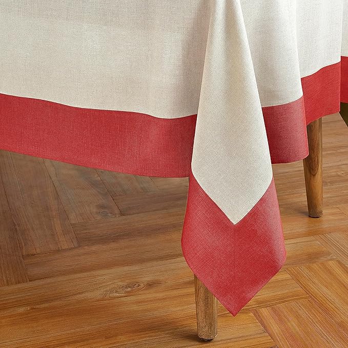 Solino Home Linen Tablecloth 60 x 120 Inch - 100% Pure Linen Red and Natural Rectangular Tablecloth - Machine Washable Table Cloth for Valentines, New Year - Contempo